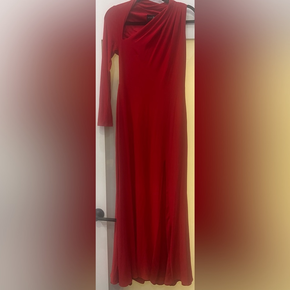 Betsy & Adam RED One Shoulder ASYMMETRICAL Single Long Sleeve SLIT GOWN 8